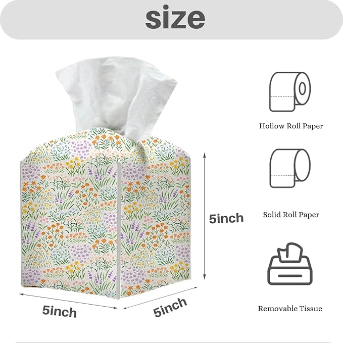 Tissue Box Cover, Tissue Box Holder, Square with Belt Bottom, PU Leather Decorative Organizer for Desk, Tabletop, Countertop Living Room, Toilet Car, Office, Dresser Bedside, Aesthetic Floral Decor