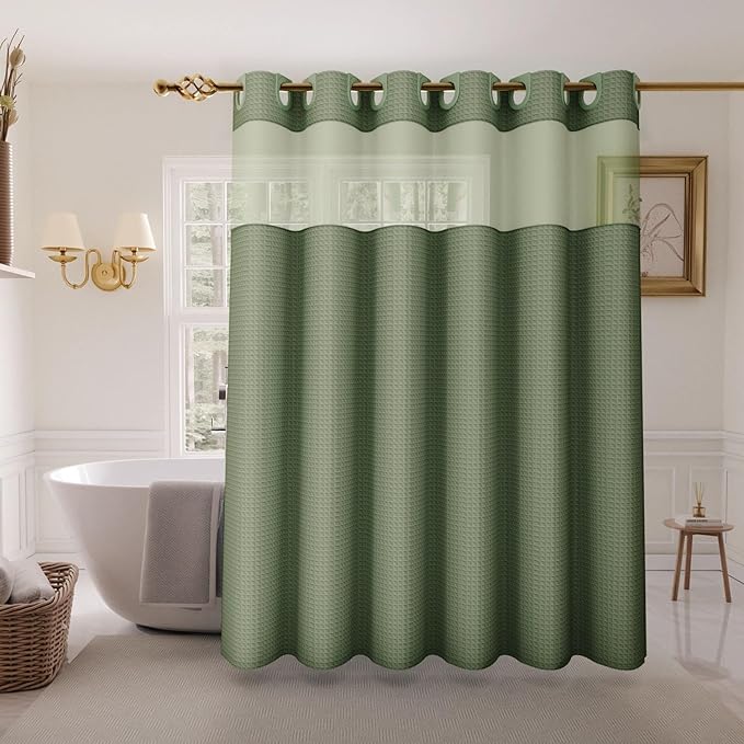 Inhousolu Long No Hook Shower Curtain with Snap in Fabric Liner Set Waffle Weave 230GSM Weighted Hem, Waterproof & Washable Bathroom Curtain Spa Luxury with Mesh Top Window 72" W x 78" L Sage Green