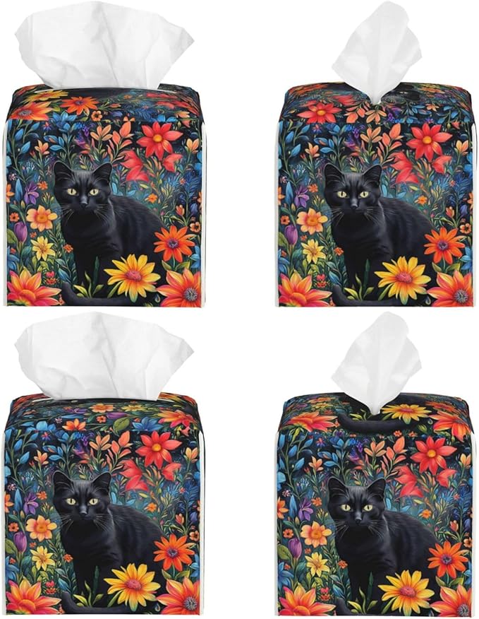 Colorful Florals Black Cat Tissue Box Cover Flower Daisy Square Leather Tissue Holder Decorative Facial Tissue Cube Paper Cover Case Organizer for Bathroom Night Stands Desk Tabletop Living Room Home