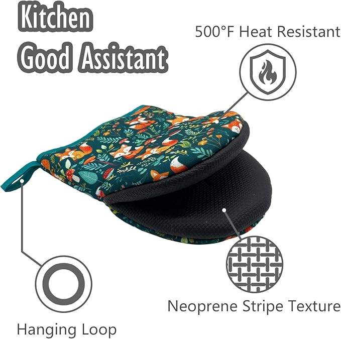 Forest Fox Animal Green Floral Flower Mini Silicone Oven Mitts, Heat Slip Resistant Kitchen Gloves 2-Pack Set, Soft Short Small Oven Mittens Pot Holders for Baking Grilling Barbecue Microwave Gift