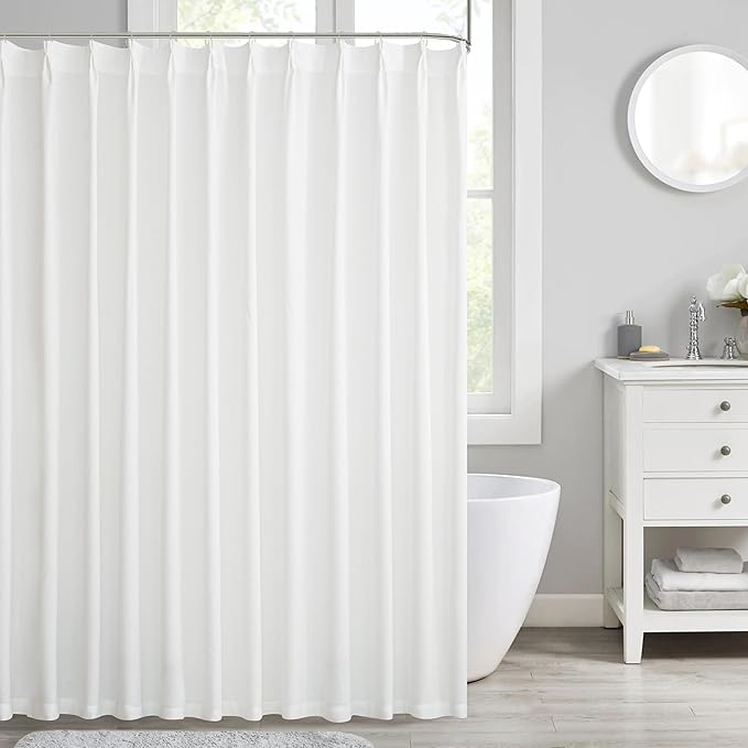 HIG White Linen-Like Pinch Pleated Shower Curtain, 72 Inch Wide, Fabric Bathroom Curtain with Memory Shape, Modern Neutral Solid Color, Machine Washable Privacy Cloth Curtain for All Season Use