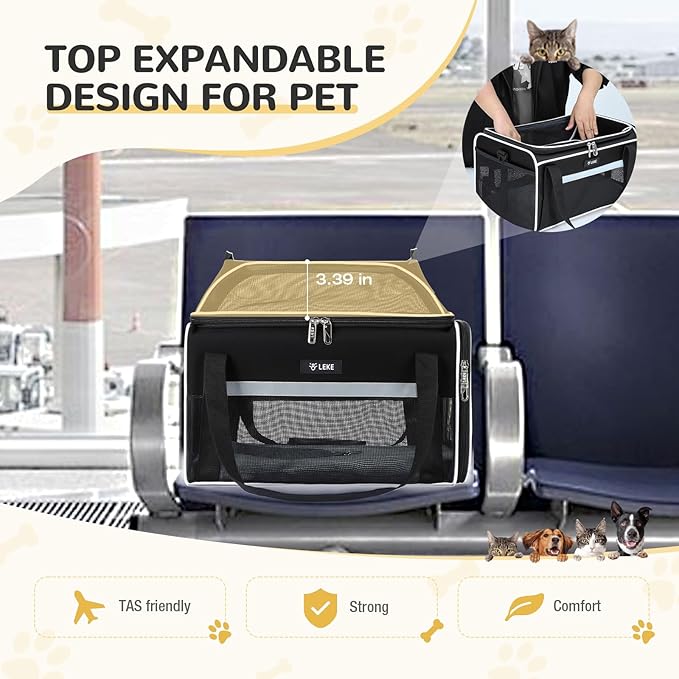 Lekereise Top-Expandable Pet Carrier 18x13x9.5 Inch Southwest Frontier Airline Approved Soft Sided Underseat to 15lbs Travel Carriers for Small Cats Dogs with Locking Safety Zippers Anti-Scratch Mesh
