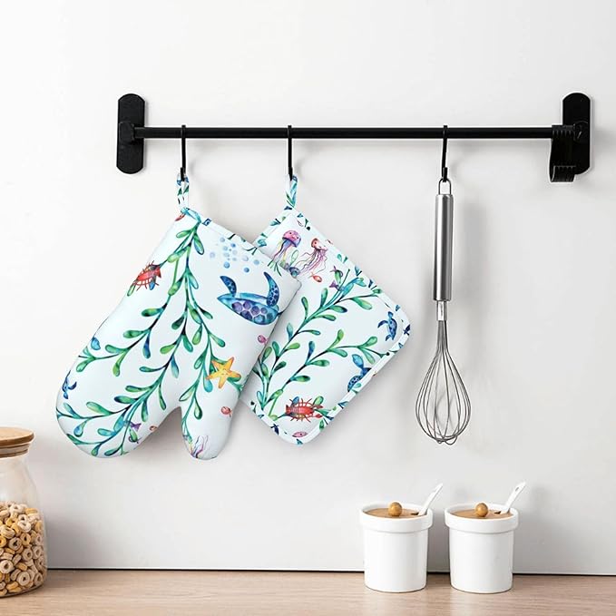 Silicone Oven Mitts and Pot Holders Sets, Home Ocean Turtle Jellyfish Seaweed Heat Resistant BBQ Gloves for Kitchen Baking Cooking Grilling Microwave