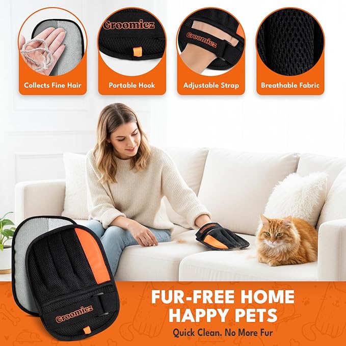 Groomiez 2 PCS Pet Hair Removal Gloves Set with Storage Bag – Electrostatic Dog & Cat Fur Remover Mitt for Furniture, Couch, Clothes & Car – Reusable & Washable Hair Cleaning Gloves