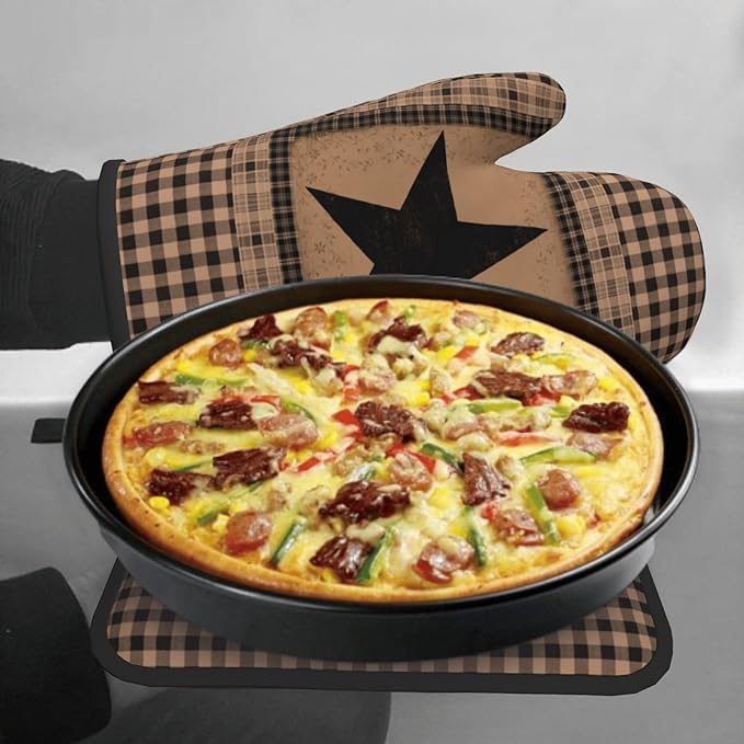 Western Oven Mitts and Hot Pads Set of 2 Texas Star Heat Resistant Non-Slip Cooking Oven Gloves Pan Mat Primitive Decorative Kitchen Accessories for Chef Baking Grilling