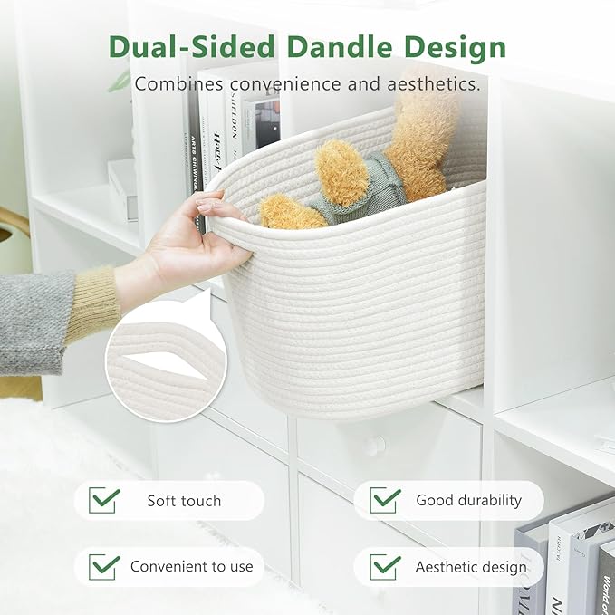 ECDYQXVU Cotton Rope Storage Basket, 15x10x9 Inches, Woven Basket for Shelves, Clothes, Towels, Books, and Laundry, White (3 Pack)