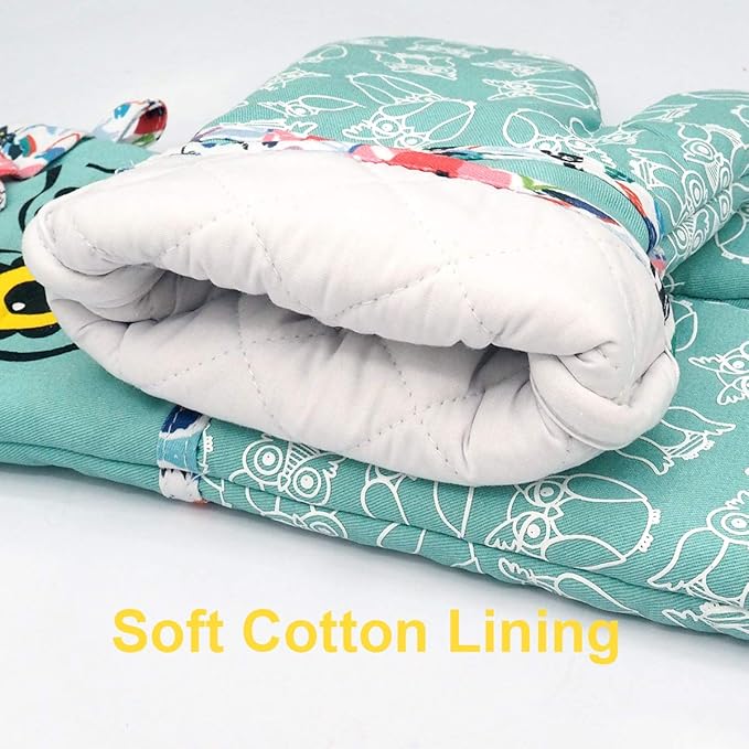 Oven Mitts, Heat Resistant with Soft Quilted Cotton Lining Set of 2, Fashion Animal Design with Silicone Printing Anti-Slip Kitchen Gloves for Safe Backing Cooking Barbecue (Green 2)