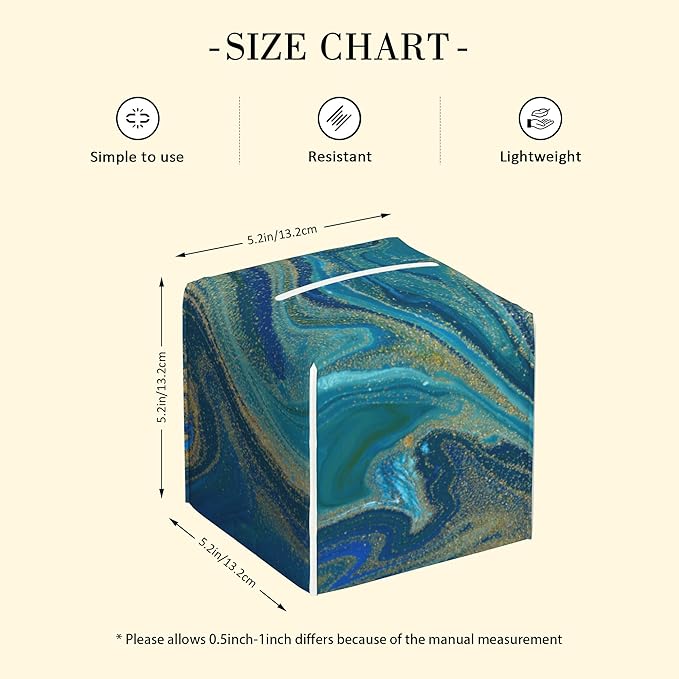 POIUBLE Leather Tissue Box Holder Blue and Gold Liquid Marble Tissue Box Cover Square Waterproof Tissue Holder Organizer Modern Napkin Holder for Bedroom Dresser Night Stand Office Desk