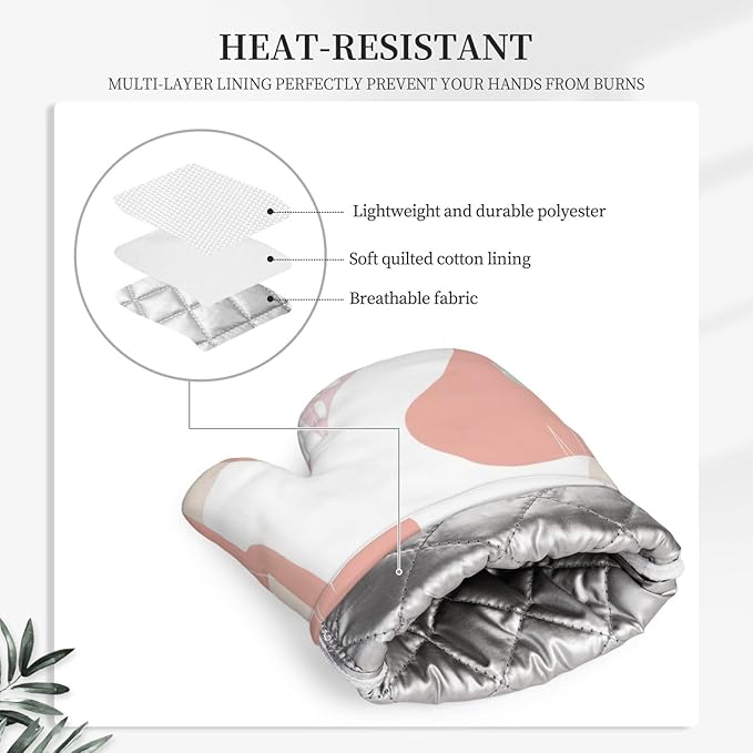 Pink Modern Geometric Leaves Oven Mitts and Pot Holders Sets, Home Silicone Heat Resistant BBQ Gloves for Kitchen Baking Cooking Grilling Microwave