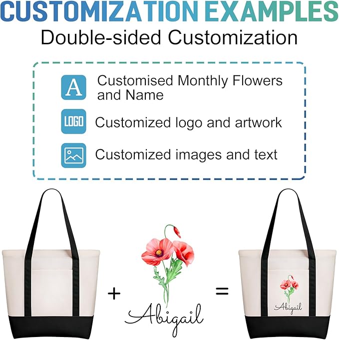 WACAR Custom Tote Bags with an External Pocket, Bulk Personalized Canvas Tote Bags, Reusable Grocery Bag for Beach, Daily Use