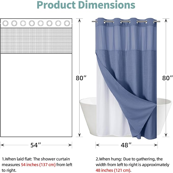 eachope MoonLightBlue No Hook Waffle Weave Shower Curtain with snap-in Liner Replacement, 230GSM Waterproof Fabric Hotel Shower Curtain Set for Bathroom, Through Mesh Top Window,54Wx80H