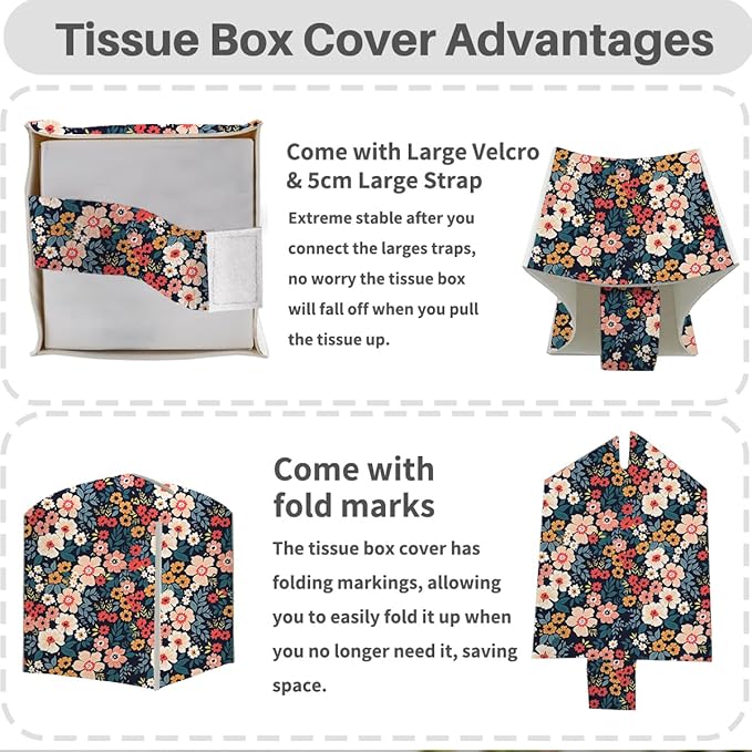 Tissue Box Cover, Tissue Box Holder, Square with Belt Bottom, PU Leather Decorative Organizer for Desk, Table, Countertop Bathroom, Toilet Car, Office, Dresser Bedside, Aesthetic Floral Decor
