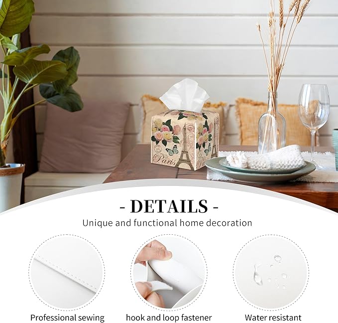 POIUBLE Vintage Paris with Rose Tissue Box Cover Leather Tissue Box Holder Square Facial Paper Organizer Dispenser for Bathroom Kitchen Bedroom Vanity Countertop Night Stands
