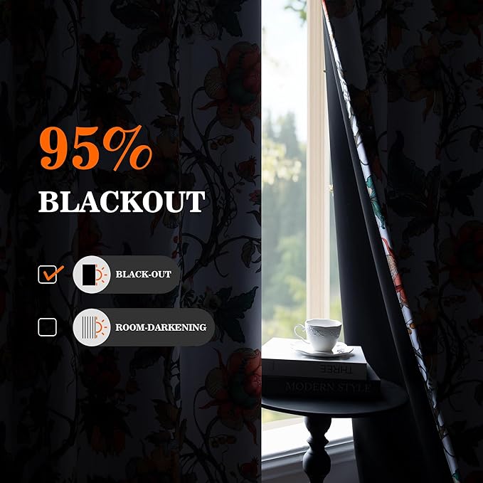 MYSKY HOME Floral Blackout Curtains 63 Inch Long 2 Panels Set for Bedroom Thermal Insulated Light Blocking Black Out Drapes Printed Flower Vintage Style Grommet Window Treatments, 52"W, Greyish White