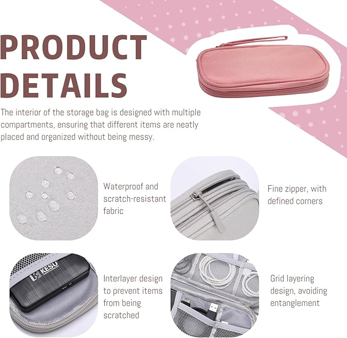 OBHEI Electronic Organizer Double Layer, Water Resistant Cable Organizer Bag for Travel Essentials, Cord, Charger, Phone, Earphone, Large Size,Accessories Travel Essentials (Pink, Single-Layer)