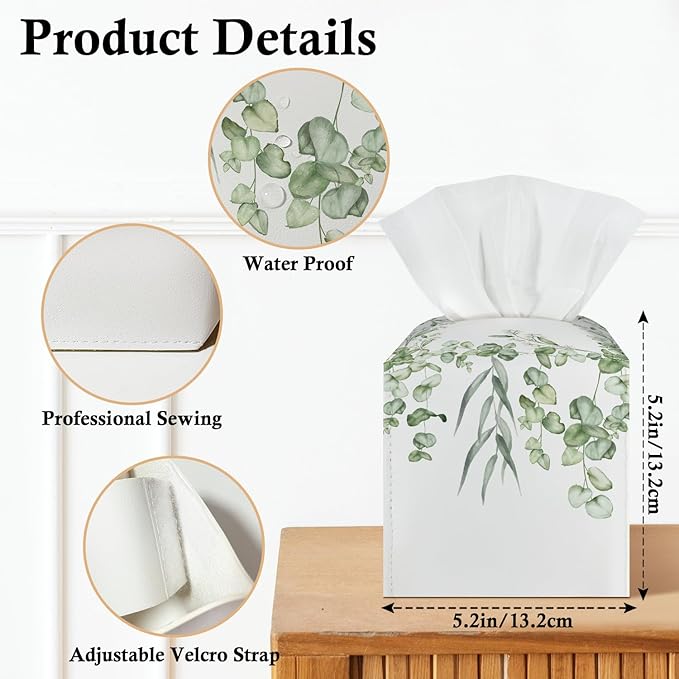 Watercolor Green Leaves Tissue Box Covers Square, Leather Tissue Box Holders Decorative for Car Nightstand Home Office Bathroom Organizer, Square Facial Paper Organizer Home Decor -009