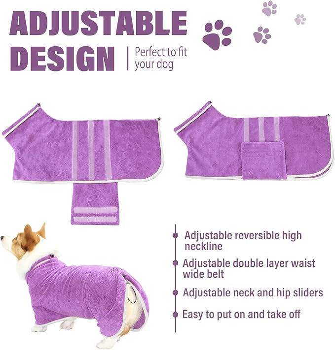 HhiMyOct Dog Robe - Fast Drying Towel - Microfiber Super Absorbent Pet Bathrobe, Adjustable Collar & Belly Strap (Purple, Medium)