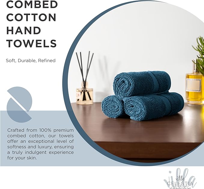 Villa Celestia 100% Cotton Hand Towel Set of 2, (16 x 28 inches) Sustainable, Soft, Highly Absorbent, Quick Drying, Combed Cotton Hand Towels Pack of 2 Ideal for Hotels, Spa, Bathroom, Dorm, Blue