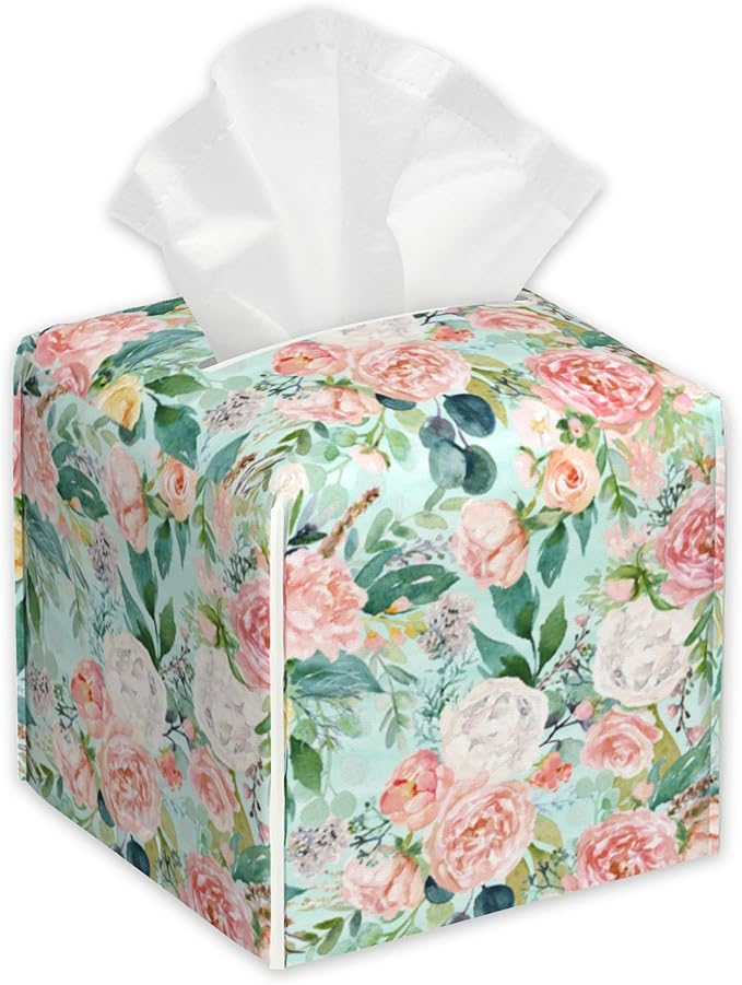 Watercolor Floral Tissue Box Cover Square,Flowers and Leaves Tissue Box Holder with Belt Bottom,Stylish Leather Napkin Holder for Vanity Countertop,Nightstands,Office Desk,5.2"×5.2"×5.2"