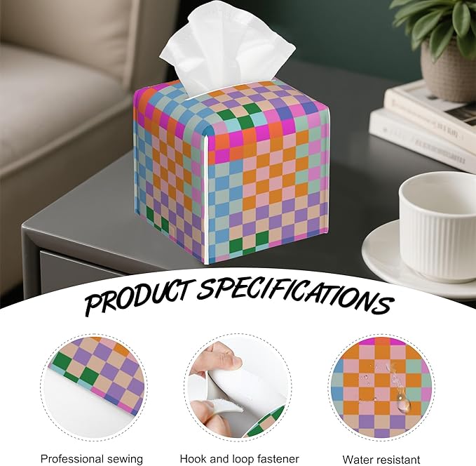 Rainbow Geometric Block Tissue Box Holder,Cube Tissue Box Cover Holder,Leather Facial Paper Organizer Dispenser Home for Bedroom Night Stands,Kitchen,Office and Car,5.2"×5.2"×5.2"