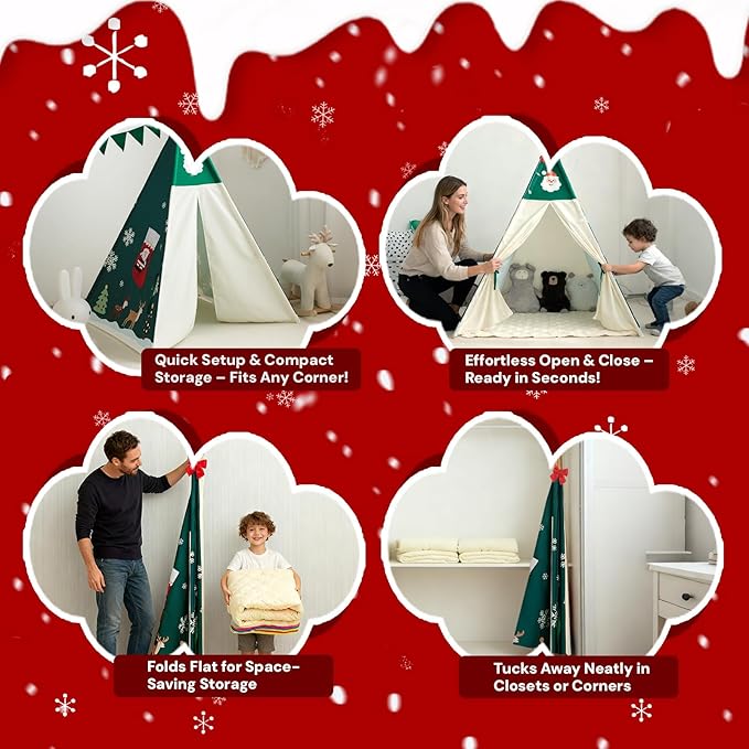 Duwenem Teepee Tent for Kids, Play Tent with Padded Mat & Star Lights, Indoor Play Tent for Girls & Boys (Christmas Teepee, 47 * 47 * 60in)