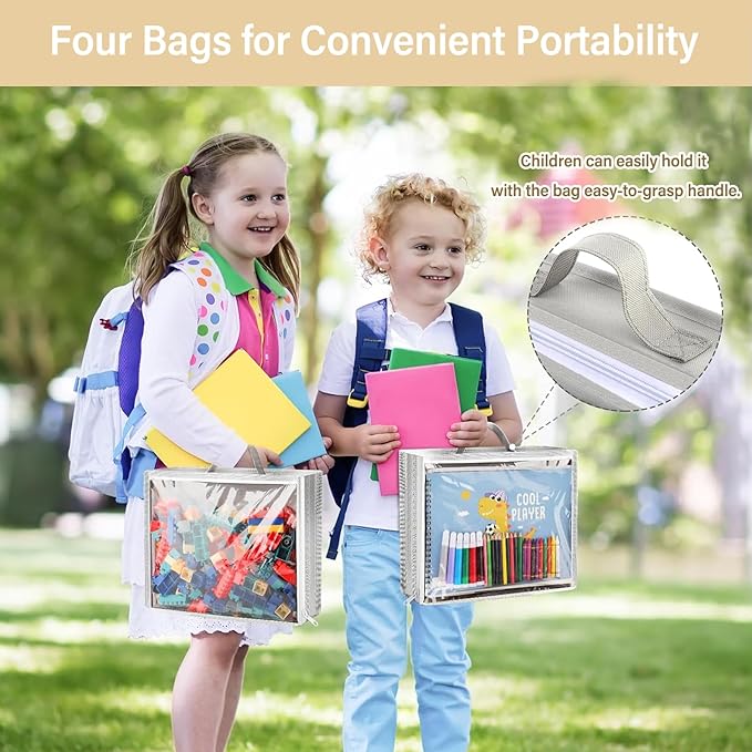 Woodoulogy Over Door Organizer and Storage, Hanging Toy Holder with 4 Clear Removable Pouches, Toddler Room Wall Stuffed Animal Bag Case, Kids Playroom Closet Organization for Building Block, Puzzle