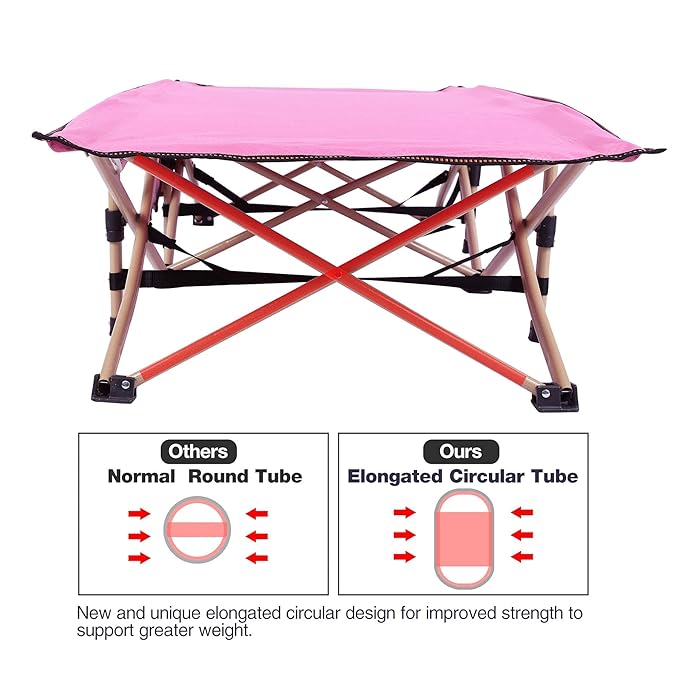 REDCAMP Extra Long Kids Cot for Sleeping 2-7 Years, Portable Travel Toddler Cot Bed with Carry Bag, Lightweight for Outdoor Indoor Home, Pink 53''x26''