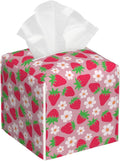POIUBLE Strawberry and Flower Tissue Box Cover Leather Tissue Box Holder Square Facial Paper Organizer Dispenser for Bathroom Kitchen Bedroom Vanity Countertop Night Stands