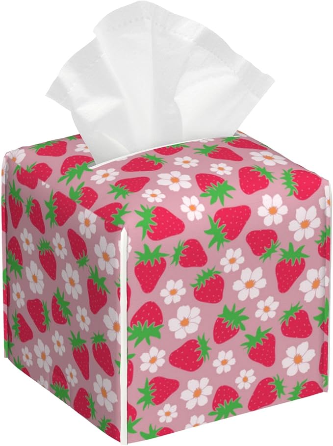 POIUBLE Strawberry and Flower Tissue Box Cover Leather Tissue Box Holder Square Facial Paper Organizer Dispenser for Bathroom Kitchen Bedroom Vanity Countertop Night Stands