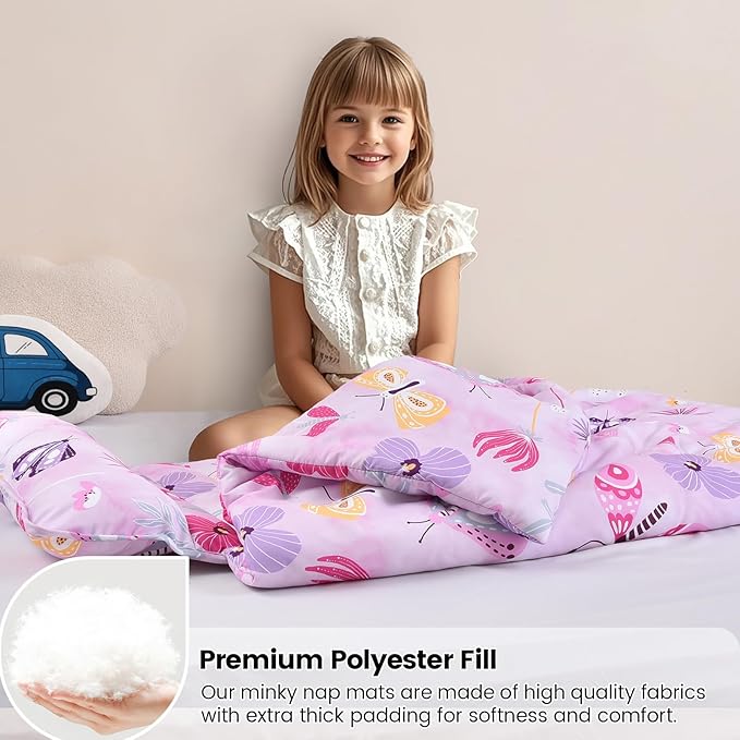 david's kids Toddler Nap Mat Set with Removable Pillow, Ultra Soft Slumber Bags for Girls，Perfect for Preschool, Daycare, Kids Sleeping Bags with Rollup Design, 50"x20", Butterfly