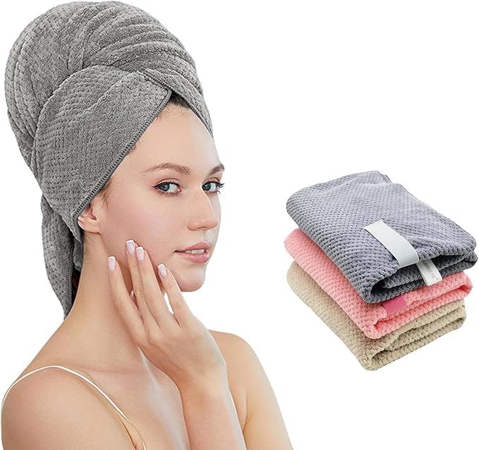 SURPRISE PIE Women Microfiber Hair Towel Wrap with Elastic Strap,Super Absorbent Anti Frizz Drying Turban for Curly, Long,Wet Hair- Grey