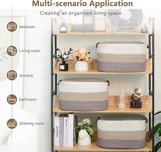 ECDYQXVU Cotton Rope Basket, Storage Baskets with Handle, 15x10x9 Inch Woven Basket for Shelves, Laundry, Towels, Clothes, Books, (Gradient Brown 2 Pack)