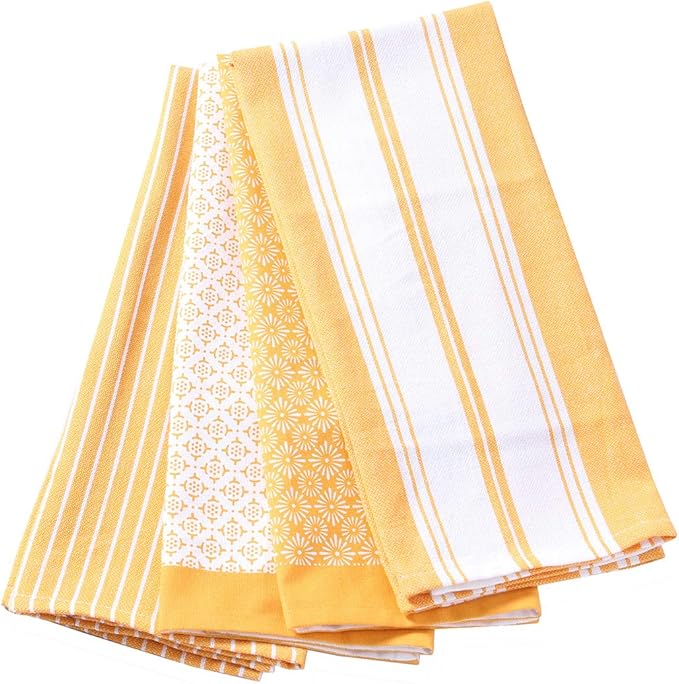 ACCENTHOME Cotton Dish Towels - Absorbent Multi Purpose Kitchen Towel Set of 4, Geometric Print Yellow, 20x28