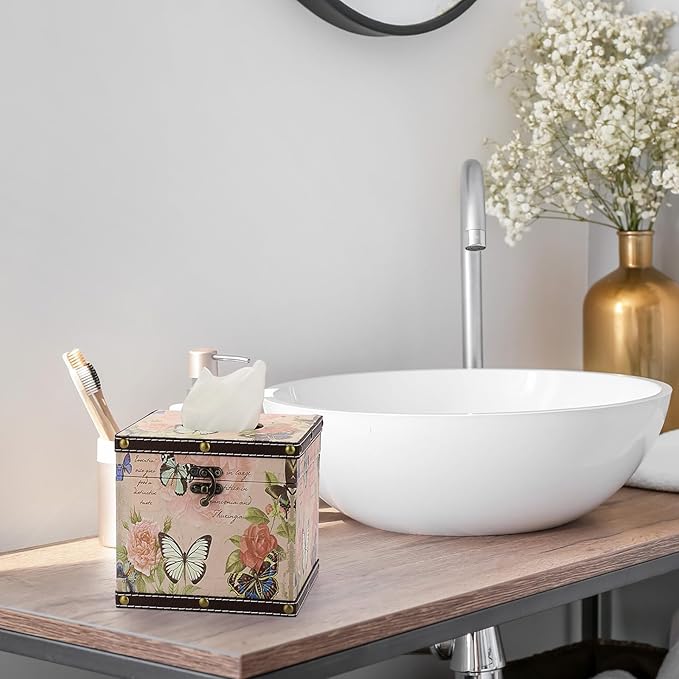 Sumnacon Tissue Box Retro Wood Square Tissue Box Cover Vintage Cube Tissue Box Holder,Decorative Tissue Holder for Bedroom Bathroom Toilet Table Desk Car Store Office Home Pink