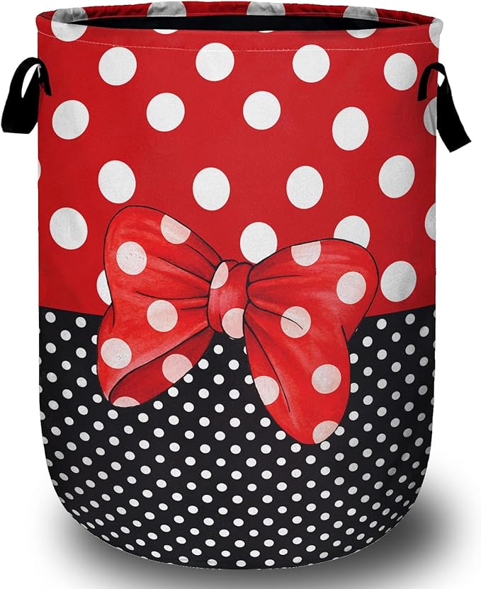 Polka Dot Red Bow Laundry Basket with Sturdy Handles, Collapsible Oxford Cloth Laundry Hamper Organizer Basket for Bathroom Bedroom 15.7x20 Inch