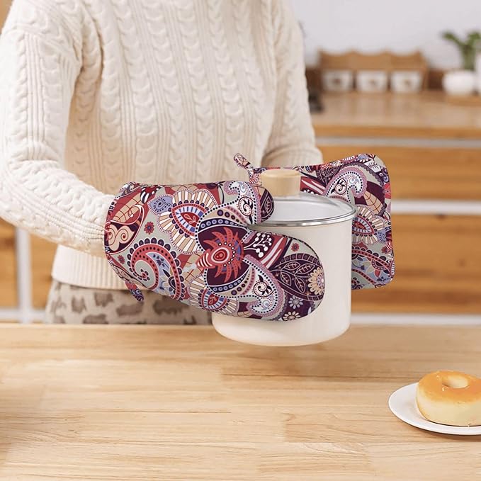 Purple Boho Flower Oven Mitts and Pot Holders Sets, Home Silicone Heat Resistant BBQ Gloves for Kitchen Baking Cooking Grilling Microwave