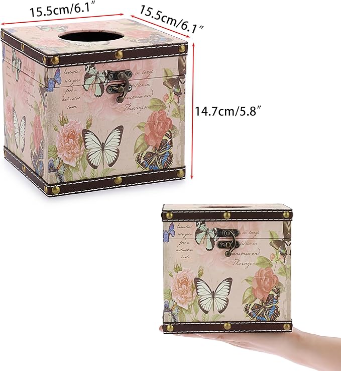 Sumnacon Tissue Box Retro Wood Square Tissue Box Cover Vintage Cube Tissue Box Holder,Decorative Tissue Holder for Bedroom Bathroom Toilet Table Desk Car Store Office Home Pink