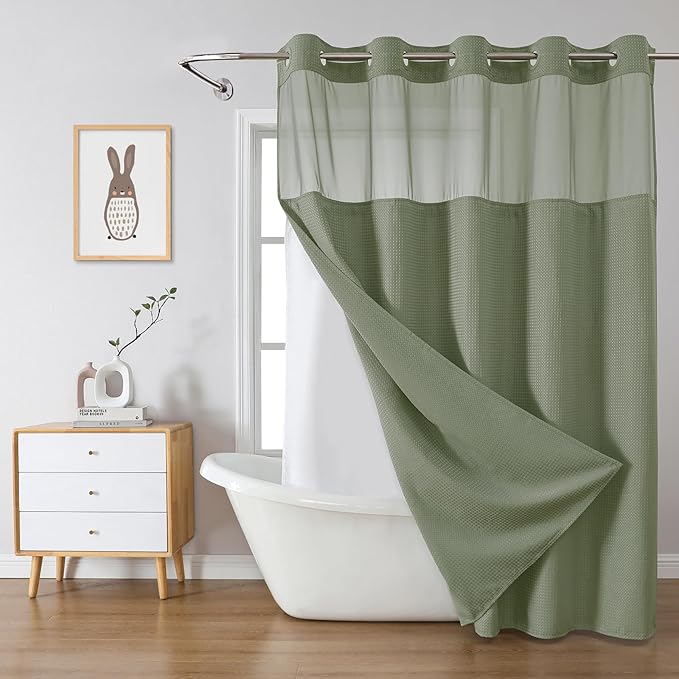 eachope SageGreen No Hook Waffle Weave Shower Curtain with snap-in Liner Replacement, 230GSM Waterproof Fabric Hotel Shower Curtain Set for Bathroom, Through Mesh Top Window,60Wx74H