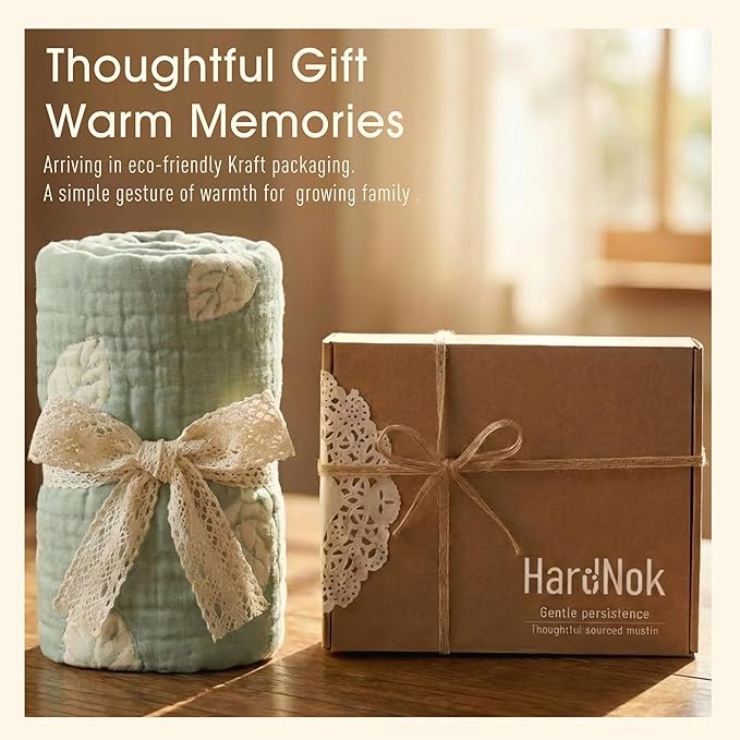 HardNok Botanical Muslin Baby Blanket - Made with Organic Cotton, Sage Green Leaf Jacquard for Gender Neutral Nursery, Baby Registry Gift, 43x43 Inches (Terra Sage Green)