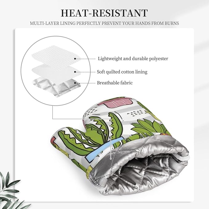 Silicone Oven Mitts and Pot Holders Sets, Home Cute Cactus Heat Resistant BBQ Gloves for Kitchen Baking Cooking Grilling Microwave