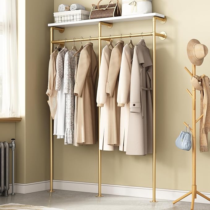KAILNKISS Industrial Pipe Clothing Rack, Wall Mounted Clothes Rack Gold Clothing Rack with Shelf Wardrobe Multi-Purpose Storage Clothes Hanging Shelf-59''L Gold