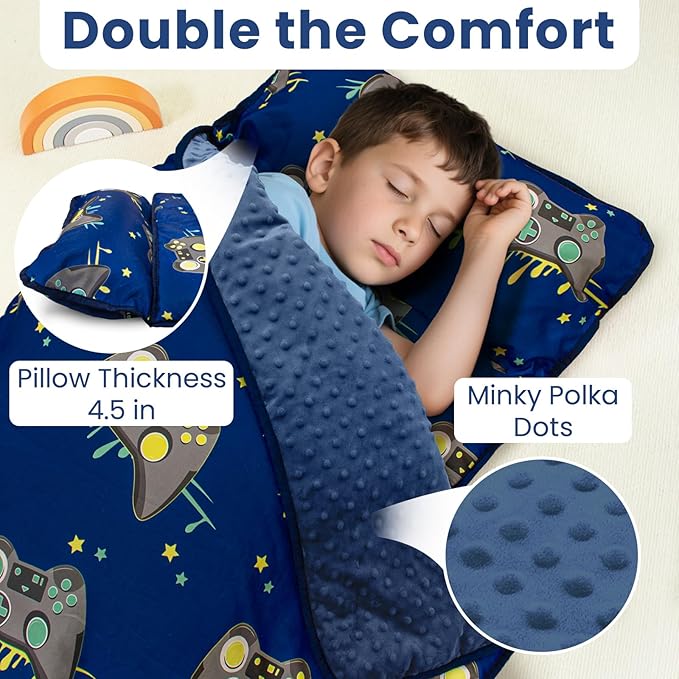 Beavtaens Toddler Nap Mat with Pillow and Minky Blanket, Large 55"x35" Sleeping Bag, Washable, Lightweight, Easy to Roll, Perfect for Preschool, Daycare, Kindergarten, Travel, Boys and Girls(Gamepad)