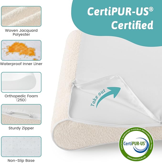 COZY KISS Orthopedic Dog Bed for Small Dogs up to 35 lbs - Removable Washable Cover with Waterproof Lining & Non-Skid Bottom, Cotton-Polyester Blend Boat-Shaped Lounger Mattress, S(30x20x5in), Beige