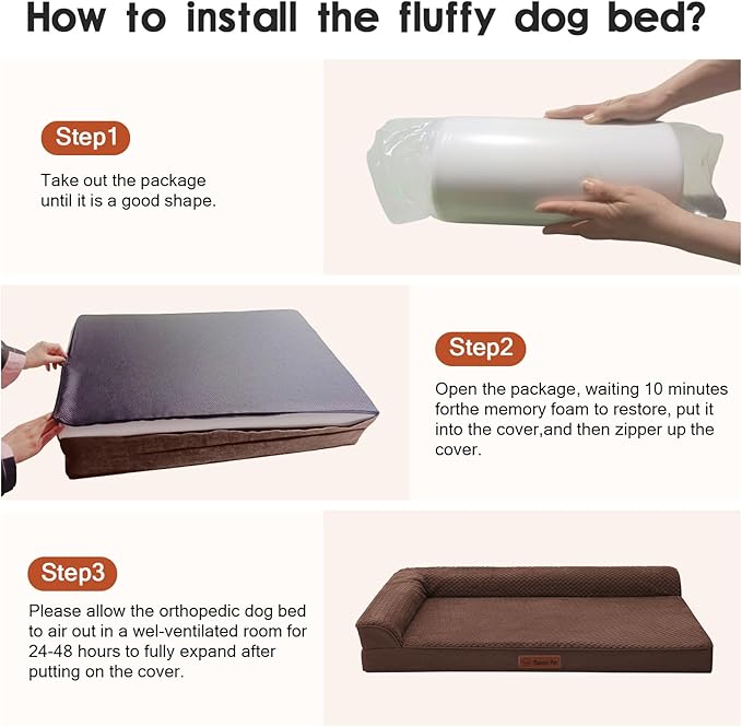 Rainmr Orthopedic Dog Beds for Large Dogs, Memory Foam Dog Beds Large Sized Dogs, Washable Removable Cover, Nonskid Bottom, Waterproof, for Indoor, Outdoor, Crate ＆ Car Use, 36x27x6 Inches, Brown Grey