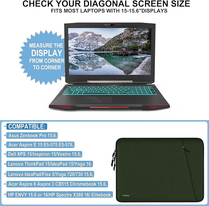 Laptop Sleeve Case, Shockproof Protective Computer Sleeve Cover with Accessories Pocket, Water Resistant Traveling Carrying 15.6 inch Laptop Bag Compatible for MacBook Dell HP Acer Lenovo, Army Green