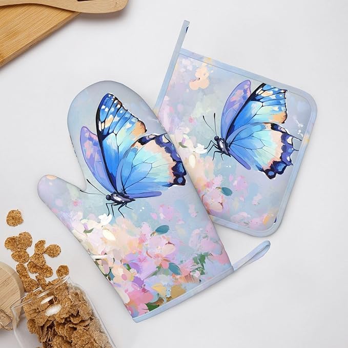 Oven Mitts Pot Holders Set Butterfly Flower Oil Painting Silicone Kitchen Gloves Potholders Heat Resistant for Chef Baking Cooking Grilling BBQ 4 Pack Mitt