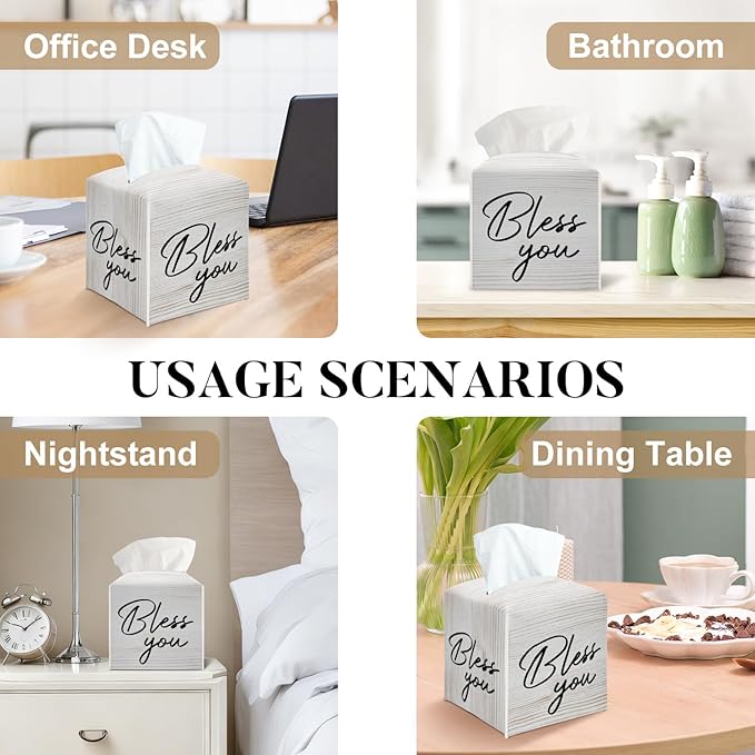 Bless You Tissue Box Cover Square, Decorative Tissue Box Holder for Bedroom Bathroom Kitchen Office Vanity Countertop, Leather Facial Paper Organizer Dispenser -06