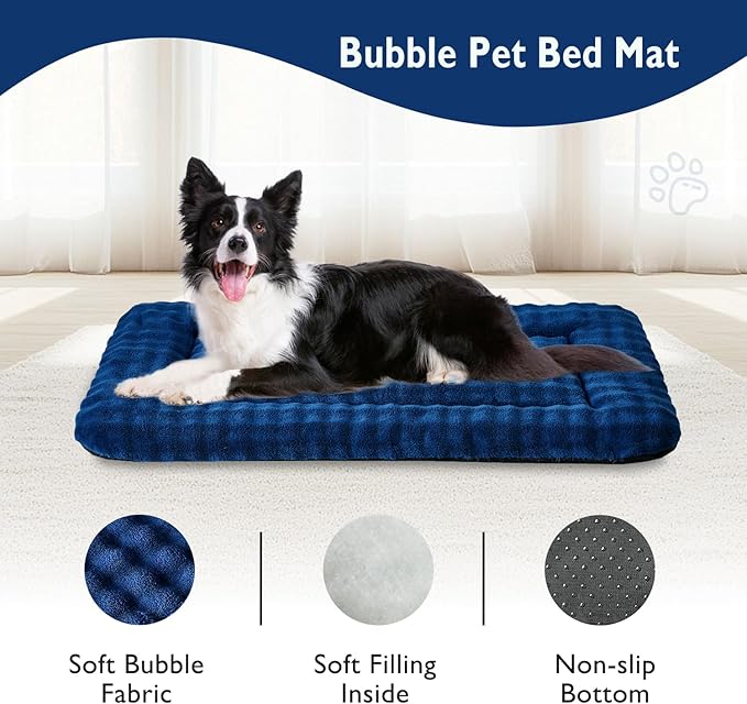 Yaning Dog Bed Mat Crate Pad for Large Dogs, Washable Soft Pet Sleeping Mat Kennel Pad with 3D Bubble Pattern, Navy Blue, 36"x 23"