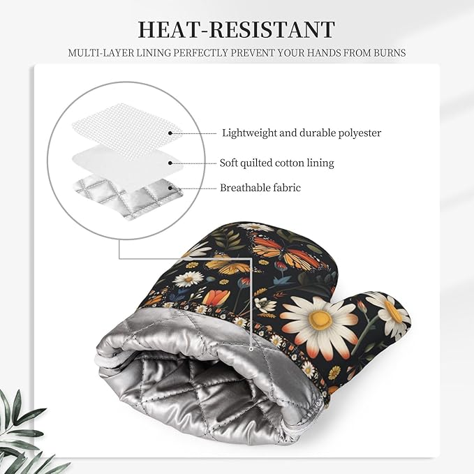Oven Mitts Pot Holders Set Vintage Butterfly Daisy Leaf Silicone Kitchen Gloves Potholders Heat Resistant for Chef Baking Cooking Grilling BBQ 4 Pack Mitt