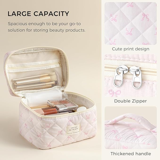 HBselect Christmas Gifts Large Quilted Makeup Bag, Cute Cotton Travel Makeup Bag with Handle, Portable Coquette Floral Make up Bags, Toiletry Organizer Make up Bags for Women Teen Girls Mom